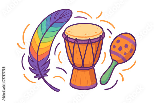 Colorful musical instruments and festive feather arrangement for celebration design