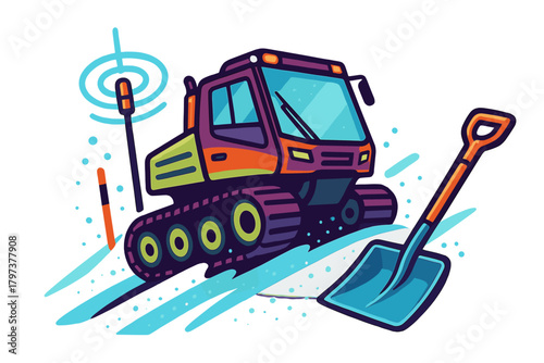 Colorful snow groomer vehicle with shovel and marker pole on snowy terrain