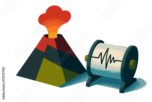 Volcanic eruption and seismograph recording seismic waves on a drum