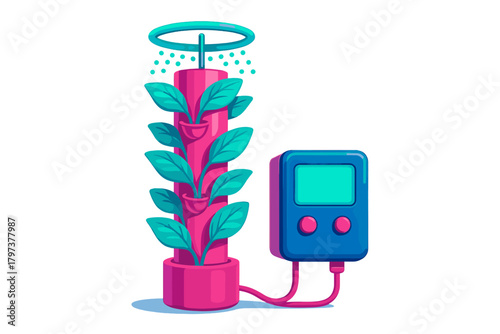 Automated vertical garden tower with hydroponic plants and digital monitoring device
