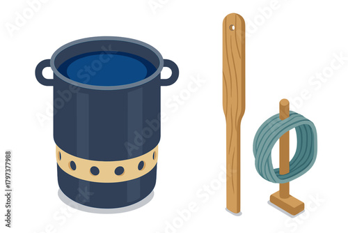 Traditional craft tools for textile dyeing process with indigo dye vat and wooden accessories