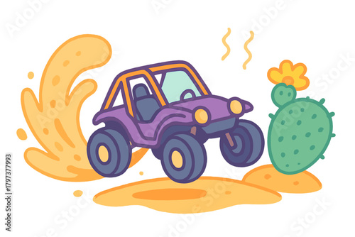 Stylized purple off-road vehicle jumping over desert terrain kicking up sand near a blooming cactus