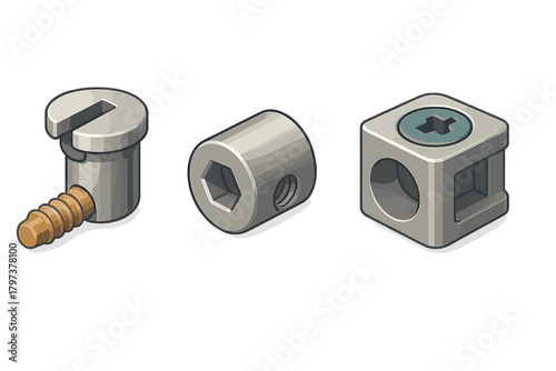 Isometric view of modular furniture assembly hardware components cam lock dowel barrel and connector