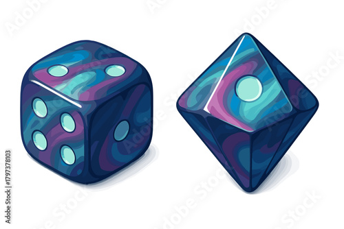 Glossy pair of gaming dice with vibrant blue and purple cosmic swirl pattern
