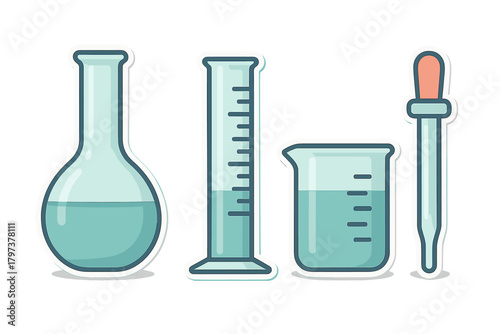 Essential chemistry lab equipment set including flask, graduated cylinder, beaker, and dropper