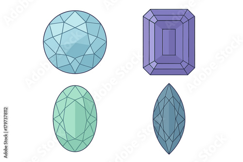 Four colorful precious gems with various facet cuts isolated on white