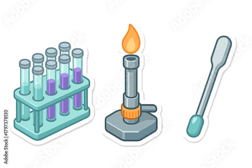 Chemistry laboratory tools set with test tubes, Bunsen burner, and spatula