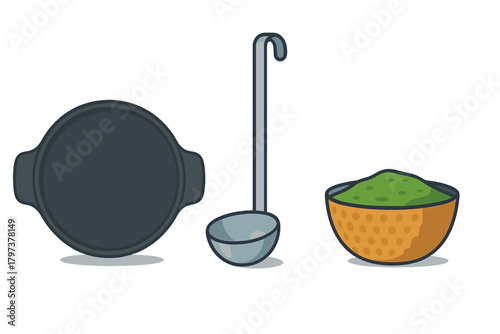Kitchen cooking essentials set: round griddle pan, ladle, and bowl of green powder