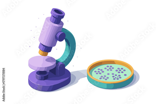Brightly colored microscope and petri dish with microorganisms for scientific research