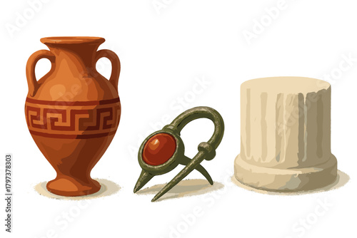Ancient Greek artifacts collection featuring a terracotta amphora, bronze fibula, and stone column pedestal