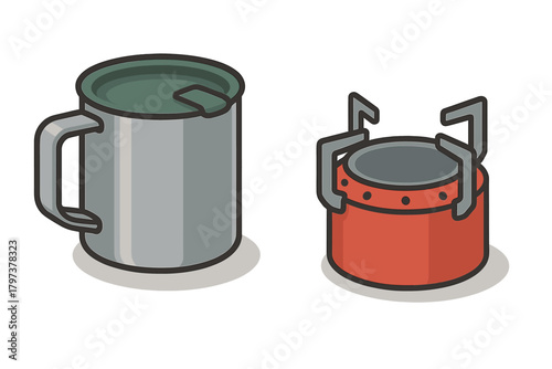 Portable camping stove and travel mug essential equipment for outdoor hiking trips