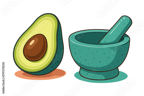 Fresh halved avocado and traditional stone mortar and pestle for guacamole preparation