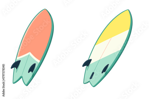 Two brightly colored surfboards with fins for tropical summer holidays and water sports