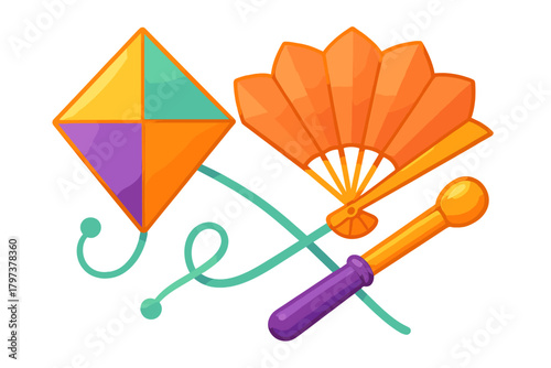 Vibrant collection of traditional kite, folding fan, and decorative stick objects