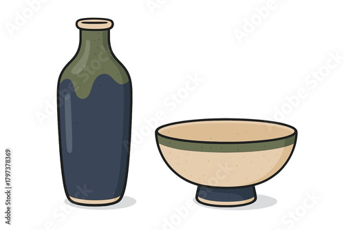 Traditional Japanese ceramic pottery set with bottle and bowl dark blue green glaze