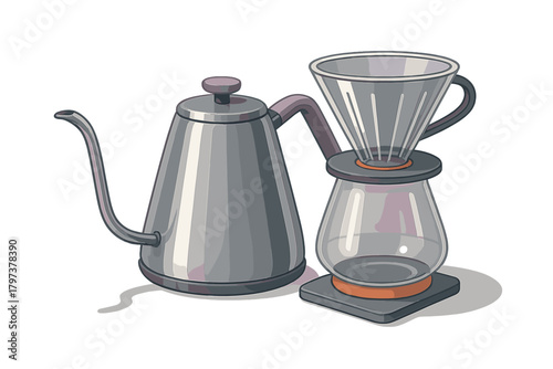 Stylish stainless steel gooseneck kettle next to a glass pour-over coffee dripper setup