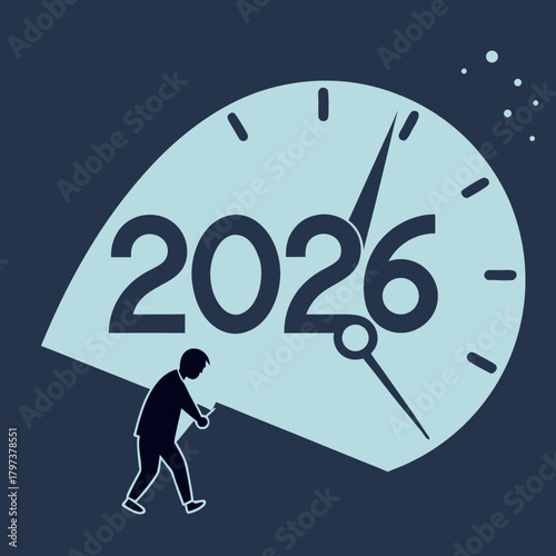 A minimalist illustration showcases the year 2026 represented on a clock face, with a figure pushing the clock forward, symbolizing progress and the passage of time