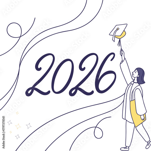 A celebratory illustration of a graduate throwing their cap in the air with the year 2026, symbolizing the joy of graduation