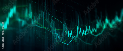 Naklejka Abstract digital waveform visualization with glowing green lines on a dark background
