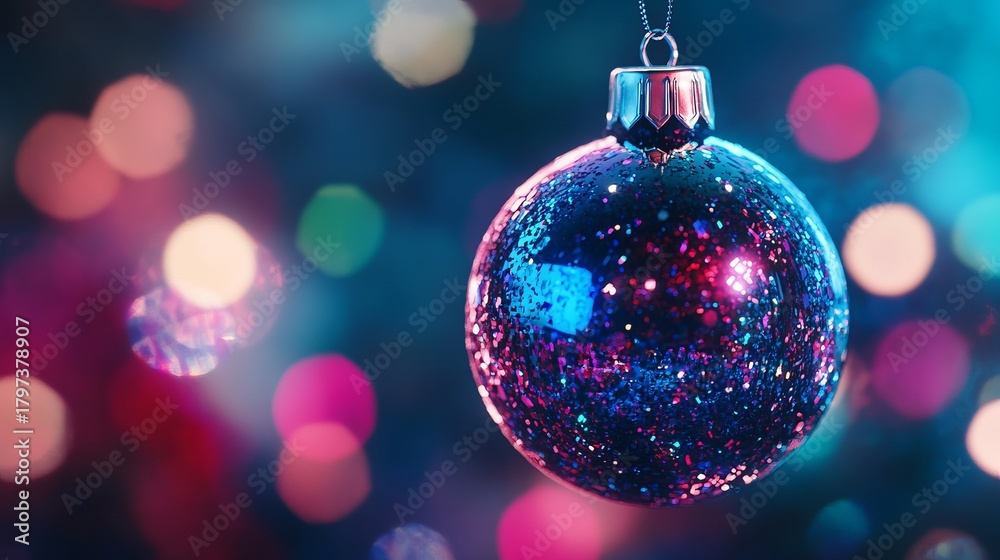 Fototapeta premium Sparkling Christmas ornament glitters with vibrant bokeh lights, creating a magical festive atmosphere for holiday celebrations