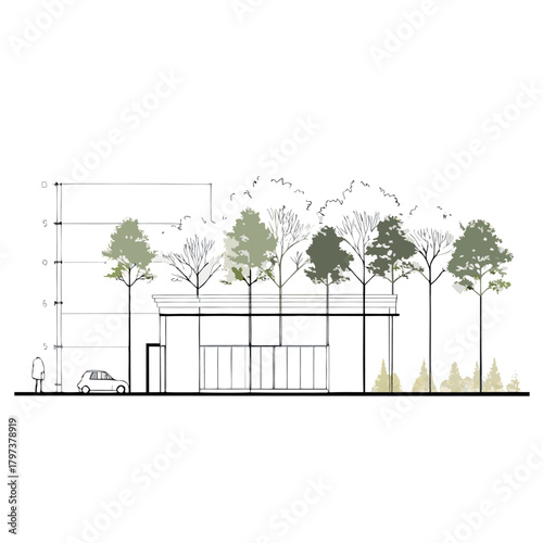 Minimal modern house elevation with flat roof, pastel pink walls, large glass doors, rooftop terrace, surrounding trees, human figures, and clean architectural line drawing style.
