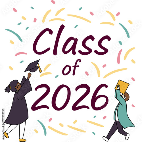 Class of 2026 celebration with confetti, featuring graduates tossing caps and holding diplomas, symbolizing academic achievement and the beginning of a new chapter