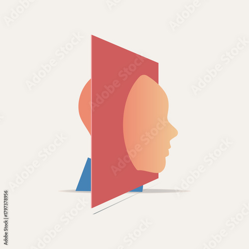 Abstract vector illustration of a human head partially emerging through a red geometric panel, creating a surreal and conceptual visual