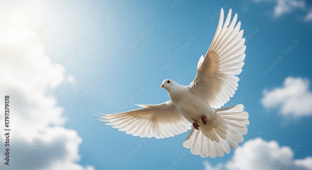 Fototapeta premium White Dove in Flight Against Blue Sky – Symbol of Peace and Hope with Sunlit Feathers 