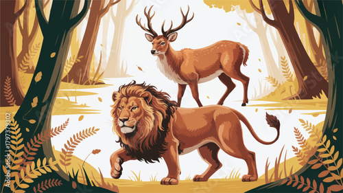 Digital fantasy illustration of a deer and lion facing each other in a mystical golden forest with warm light and autumn foliage.