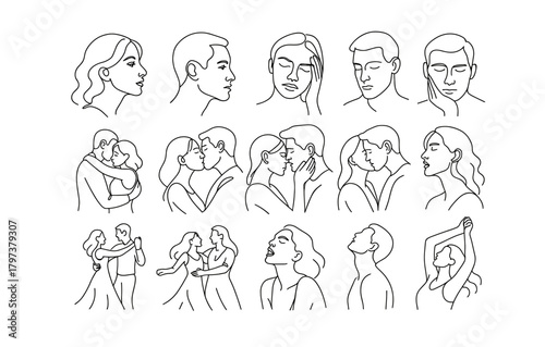 Minimalist line art of diverse human profiles and romantic interactions