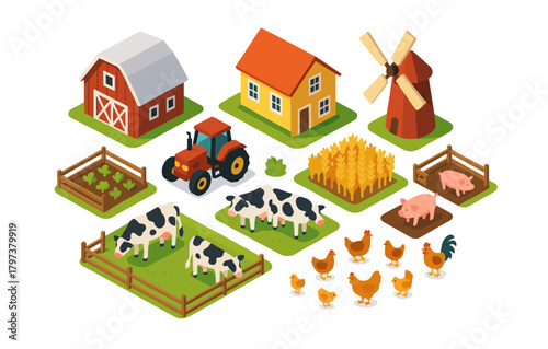 Isometric farm scene with animals, barn, and windmill in vibrant colors