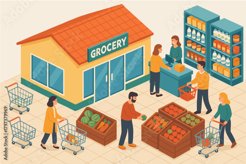 Isometric grocery store scene with customers shopping and checking out