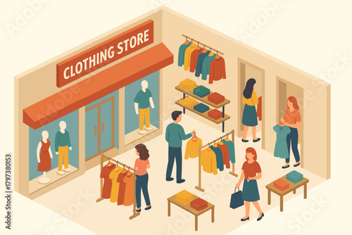Isometric fashion boutique interior with shoppers and clothing displays