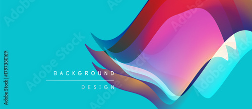Abstract flowing shapes, vibrant colors. Turquoise background contrasts pink, purple, black waves. Modern design element.