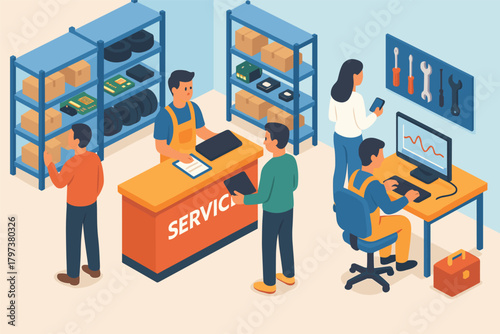Electronics repair shop scene in isometric style with people and tools