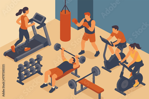 Isometric fitness scene with people exercising in a gym environment