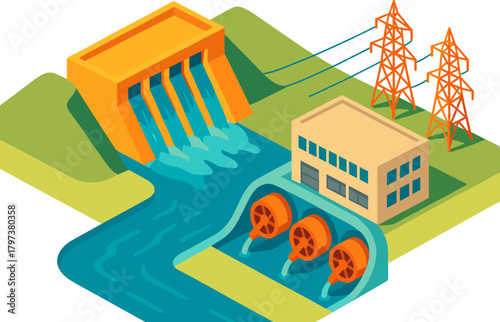 Isometric renewable energy power plant with hydroelectric dam and transmission towers