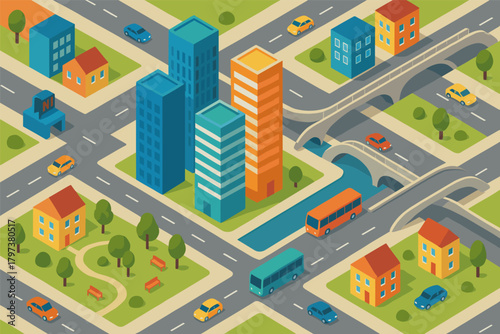 Colorful isometric cityscape with buildings, roads, and vehicles