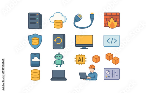 Colorful technology and network icons set for digital solutions