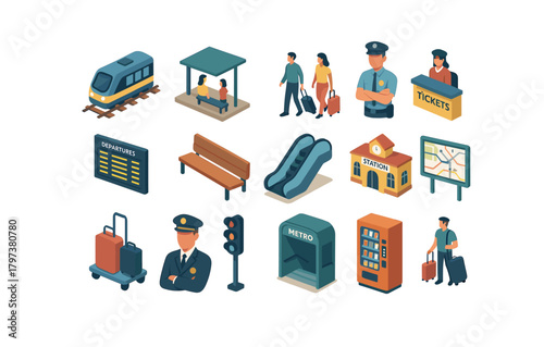 Isometric transportation icons set with train, metro, and station elements
