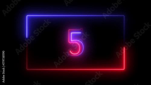10 second neon countdown timer animation with neon number text from 10 to 0 with interesting neon frame animation. neon number text glowing motion.