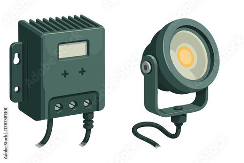 Dark green solar charge controller unit and adjustable ground mount LED spotlight
