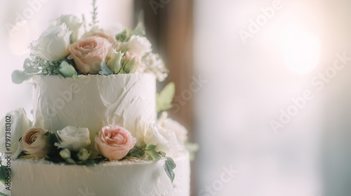 Elegant two-tier wedding cake with roses and soft lighting