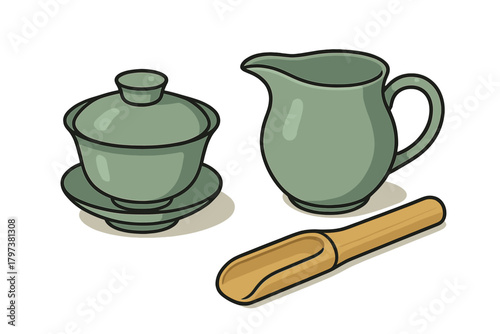 Gongfu tea preparation set featuring ceramic Gaiwan, serving pitcher, and bamboo scoop