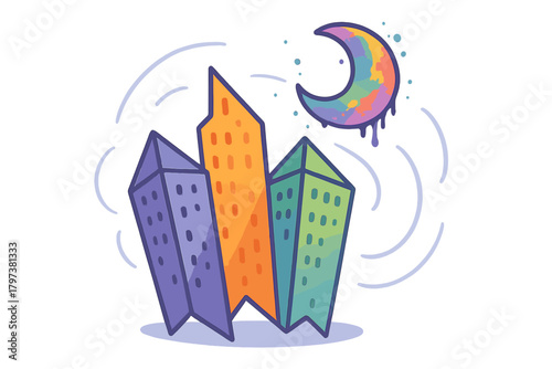 Abstract urban landscape with colorful skyscrapers and a vibrant dripping crescent moon at night