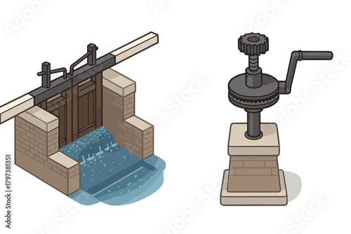 Isometric view of a sluice gate structure with flowing water and separate crank mechanism for water control