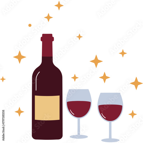 Wine bottle and glasses with stars illustration glass red drink alcohol celebration festive