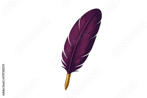 Elegant dark purple feather writing quill with a shiny golden metal tip