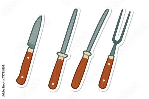 Professional butcher and chef utensils set with knife, honing steels, and meat fork