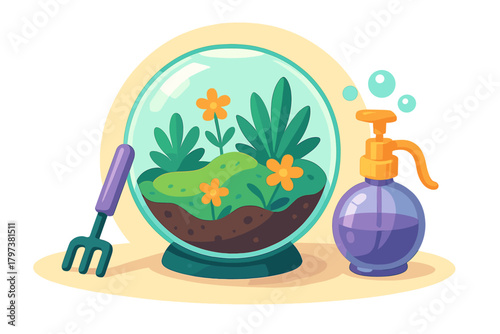 Miniature terrarium globe with green plants orange flowers and gardening tools